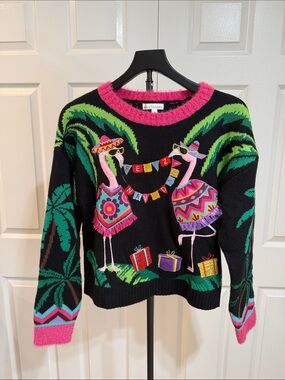 Holiday-Ugly Sweater-Feliz Navidad Flamingos-Embroidered-Sz L